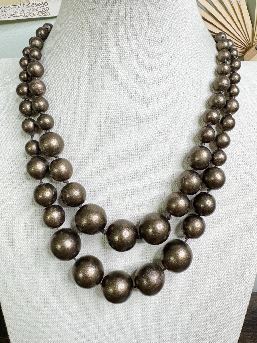 Caracol Multi- Strand Metallic Brown Wood Bead Necklace for Women Boho Chic